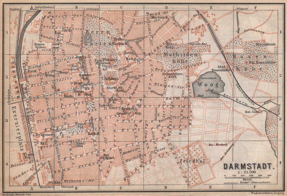 DARMSTADT antique town city stadtplan. Hessen karte. BAEDEKER 1896 old map