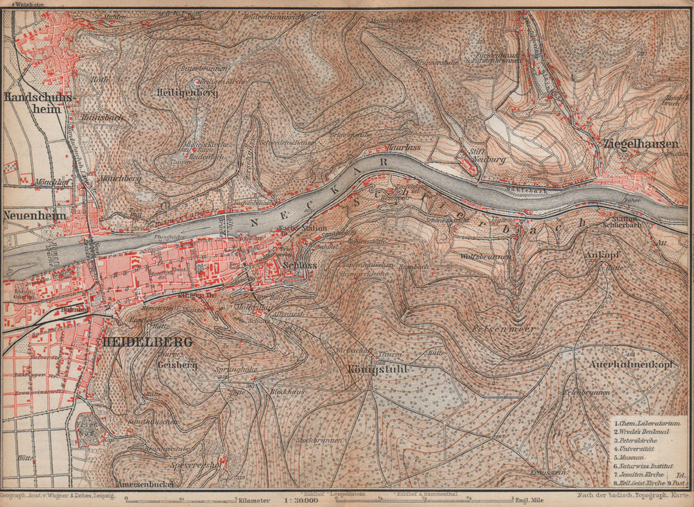HEIDELBERG & environs ungebung. Ziegelhausen. Baden-Württemberg karte 1896 map