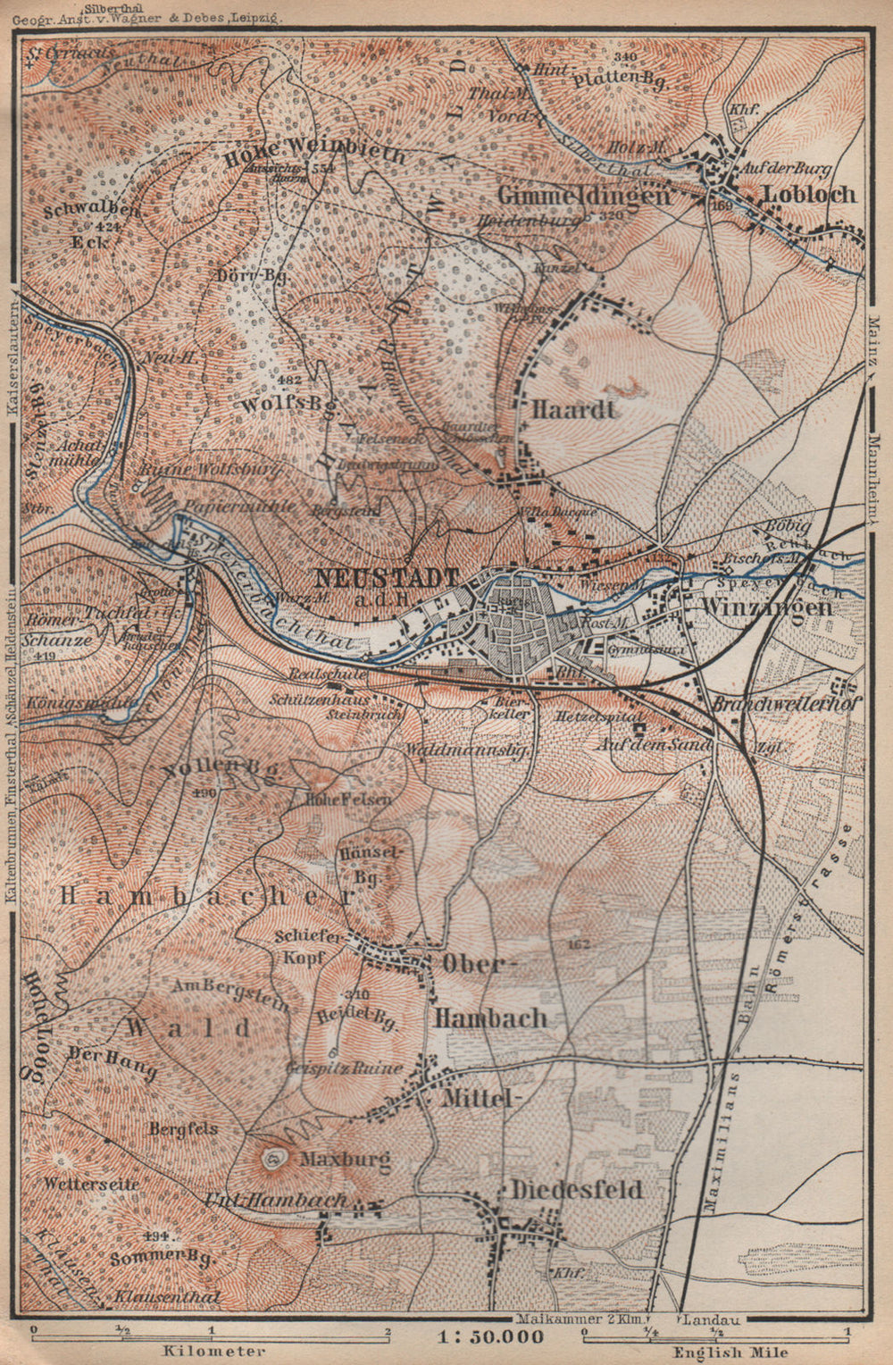 NEUSTADT AN DER WEINSTRAßE & WINZINGEN. Neustadt an der Haardt karte 1896 map