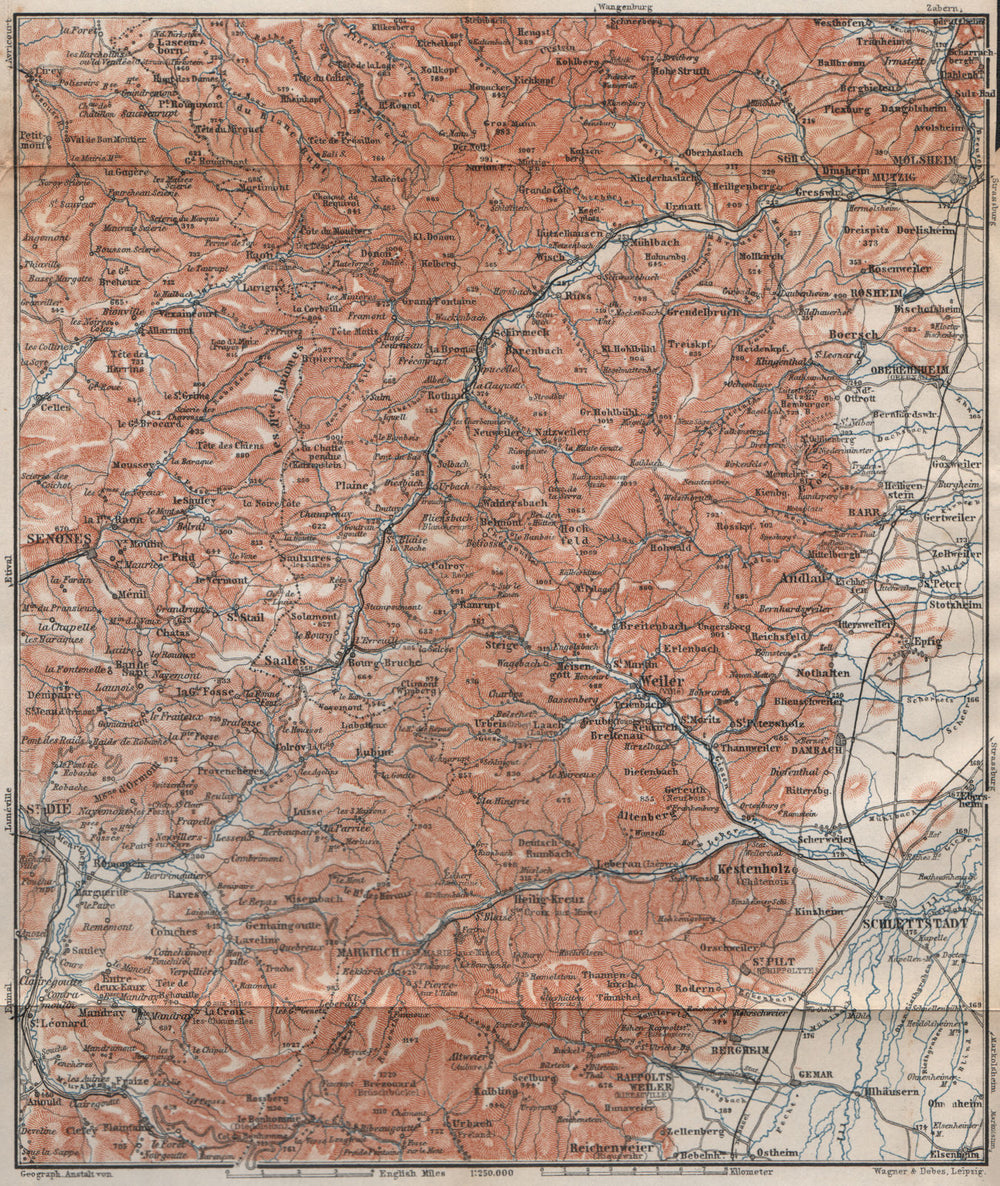 CENTRAL VOSGES MOUNTAINS. St Die Schlettstadt Molsheim carte. BAEDEKER 1896 map