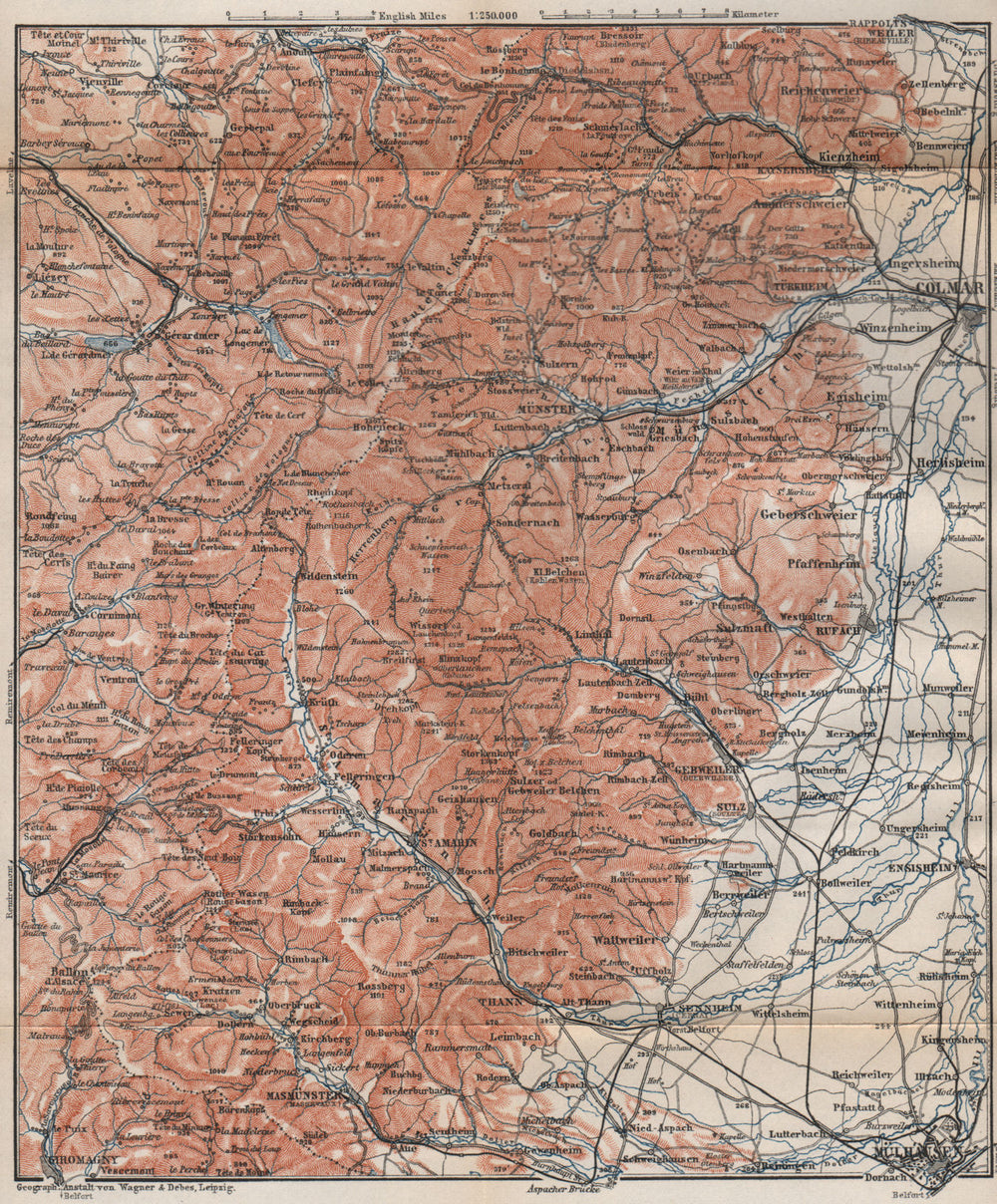 SOUTHERN VOSGES MOUNTAINS. Colmar Mulhouse. Haut-Rhin carte. BAEDEKER 1896 map