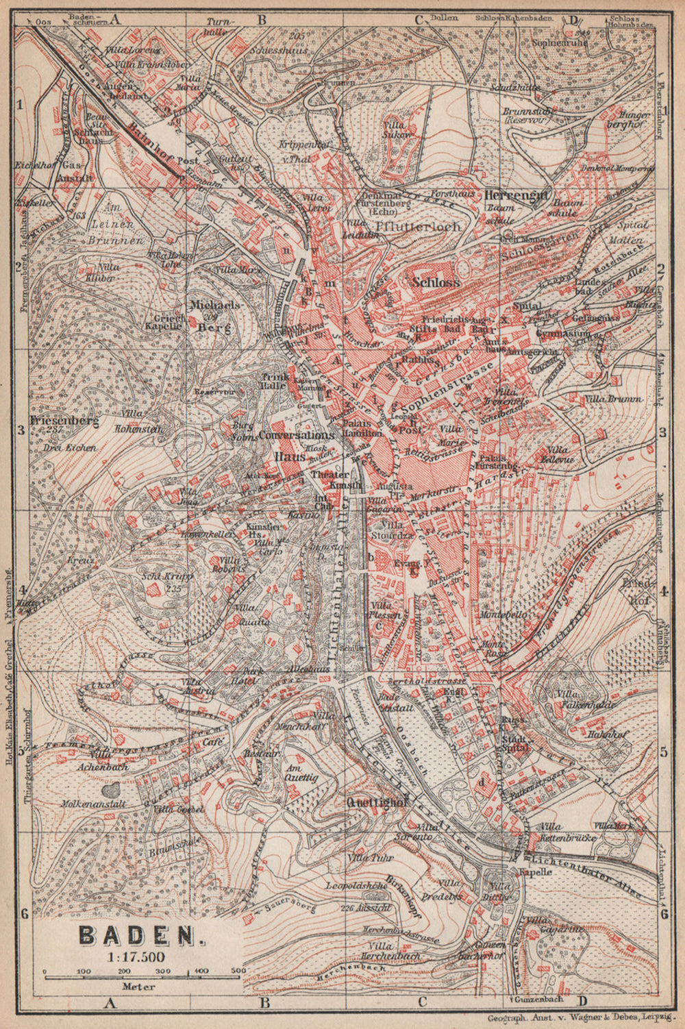 BADEN-BADEN town city stadtplan & environs/umgebung. Germany karte 1896 map