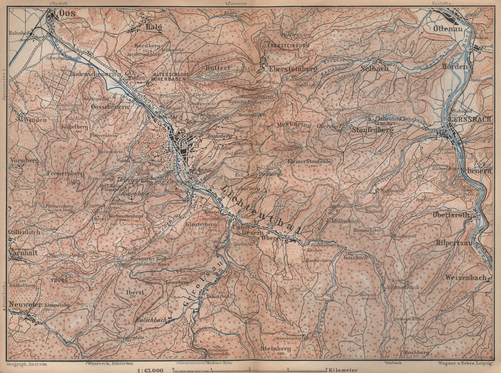 BADEN-BADEN environs umgebung. Lichtental Oos Schwarzwald Black Forest 1896 map