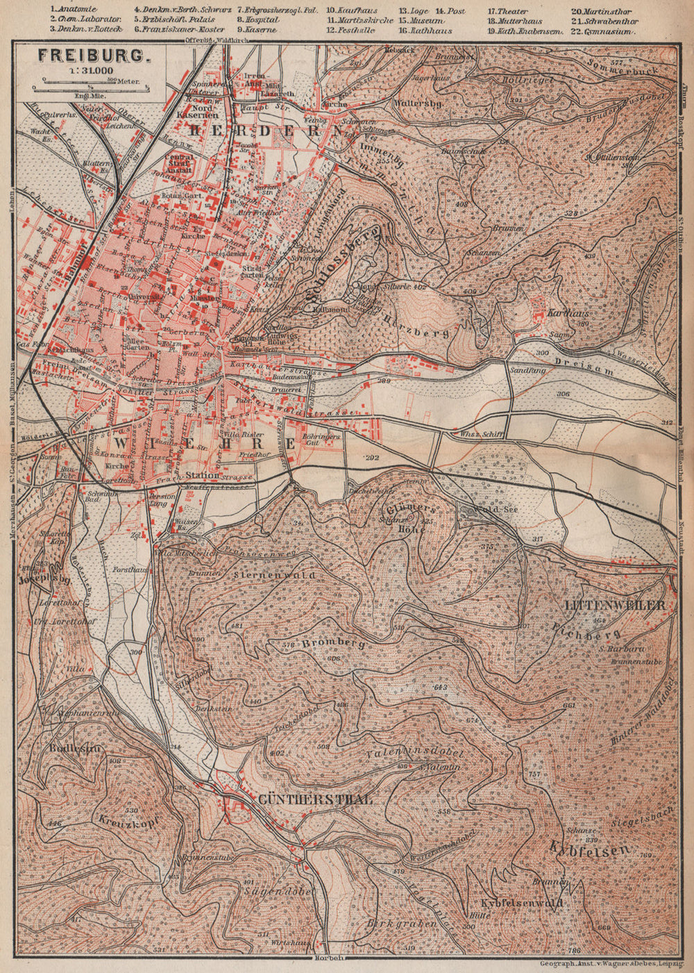 FREIBURG town city stadtplan & umgebung. Gunterstal. Baden-Württemberg 1896 map