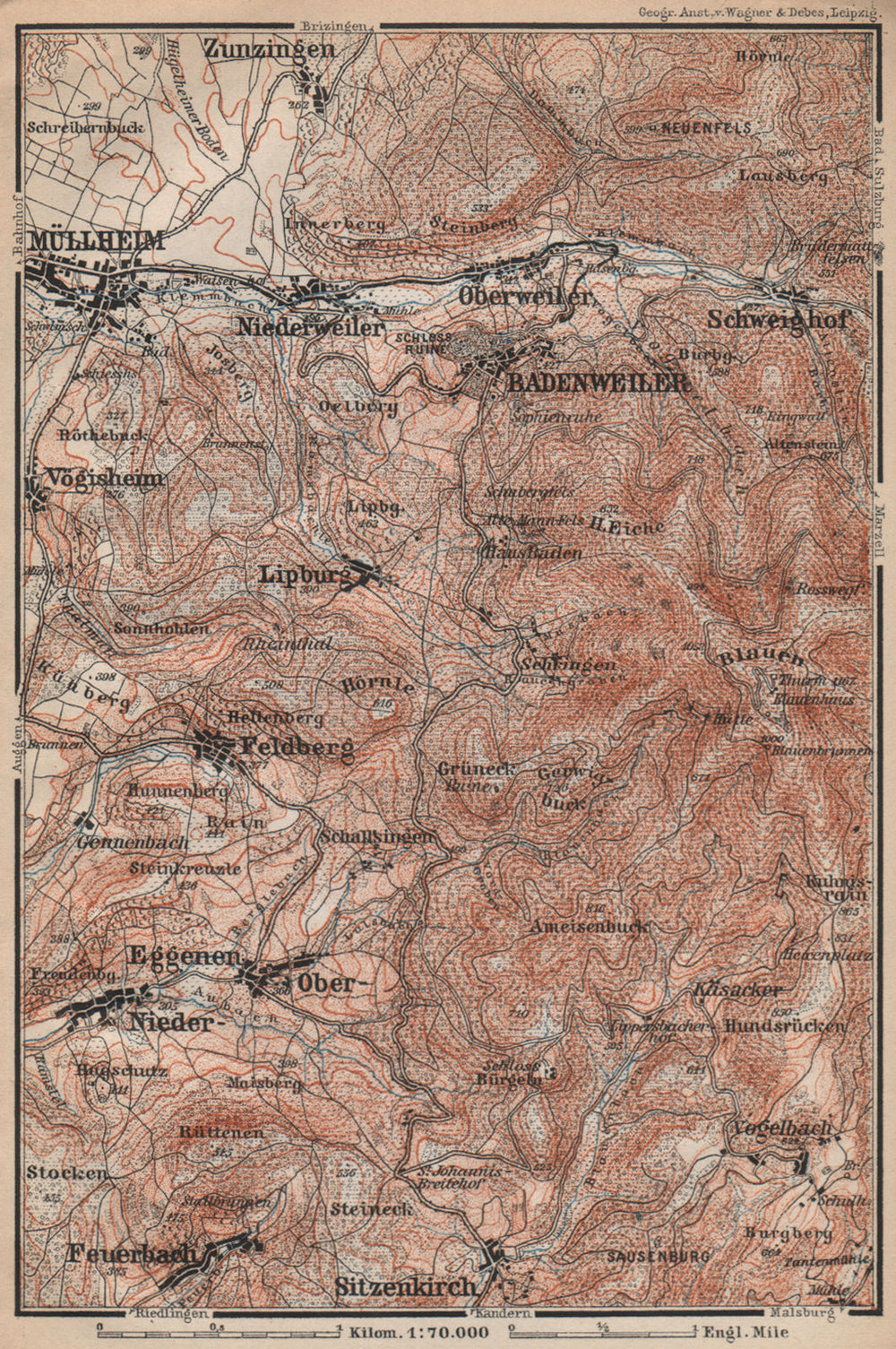 BADENWEILER environs. Müllheim Markgräflerland Blauen Schwarzwald 1896 old map