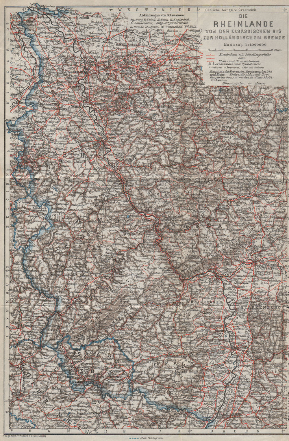GERMANY RHINE VALLEY. Nordrhein-Westfalen. Rheinland-Pfalz. Saarland 1926 map