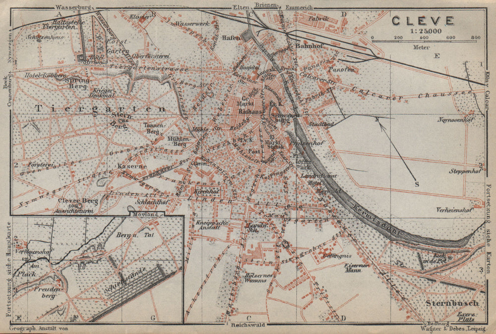 KLEVE (CLEVES, KLEEF, KLEFF) town city stadtplan. Northrhine-Westfalia 1926 map
