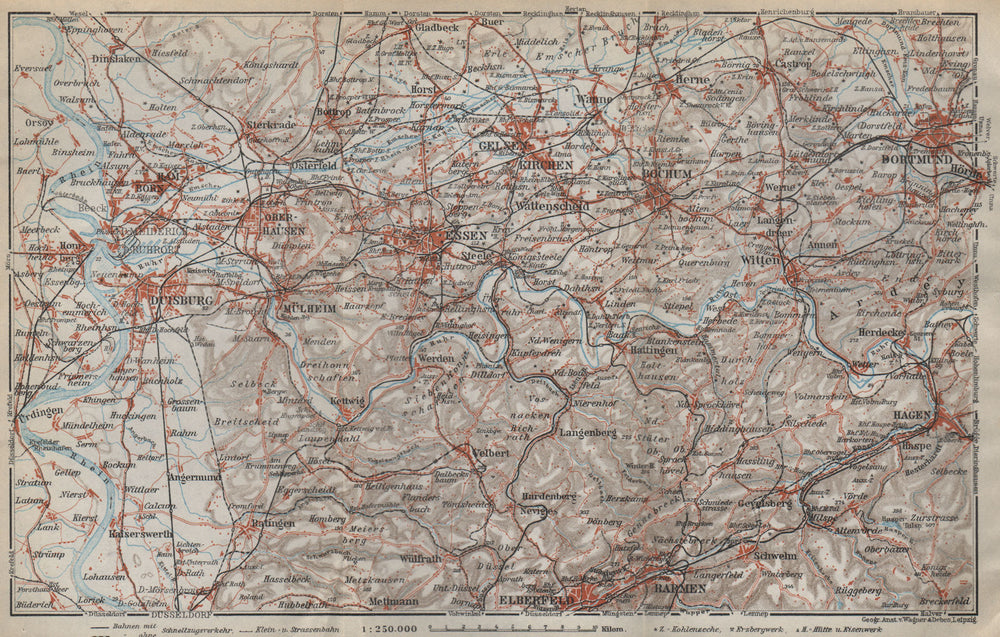 RUHRGEBIET Eisenbahnen RUHR VALLEY Duisburg Essen Bochum Herne Dortmund 1926 map