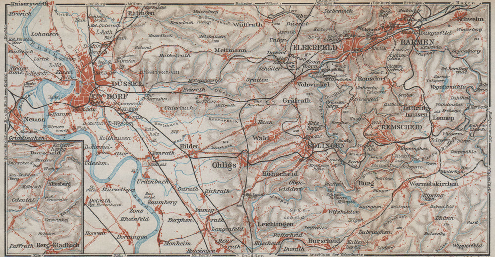 DÜSSELDORF & WUPPERTAL. Elberfeld & Barmen. Remscheid Solingen karte 1926 map