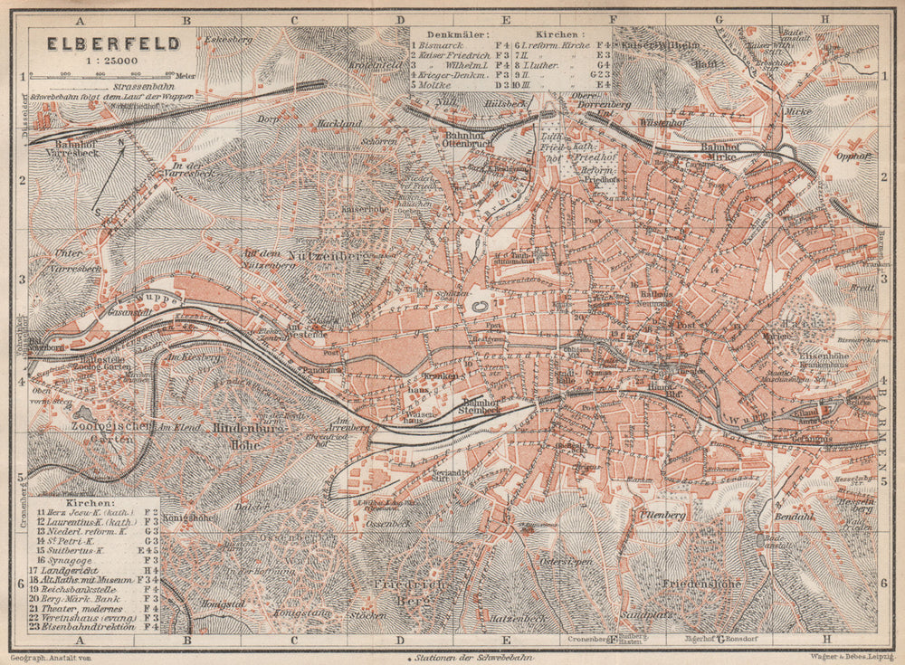 ELBERFELD / WUPPERTAL  vintage town city stadtplan. Germany karte 1926 old map