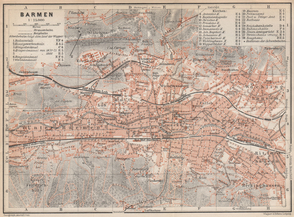 BARMEN / WUPPERTAL vintage town city stadtplan. Germany karte 1926 old map