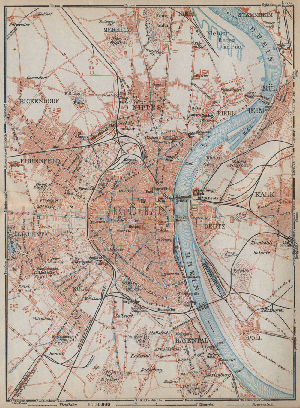 KÖLN COLOGNE. Nippes Mülheim Deutz Kalk Sulz Lindental Ehrenfeld Riehl 1926 map