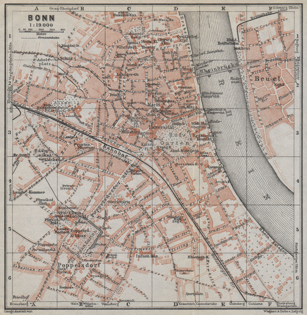 BONN vintage town city stadtplan. Northrhine-Westfalia karte. BAEDEKER 1926 map