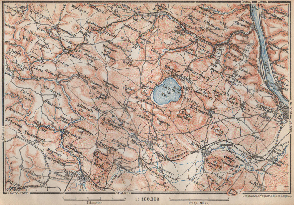 LAACHER SEE. Vulkaneifel topo-map Andernach Mayen Rhineland-Palatinate 1926