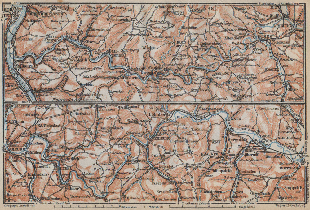 LAHNTAL VALLEY. Lahnstein Koblenz Wetzlar Limburg Weilburg Bad Ems 1926 map