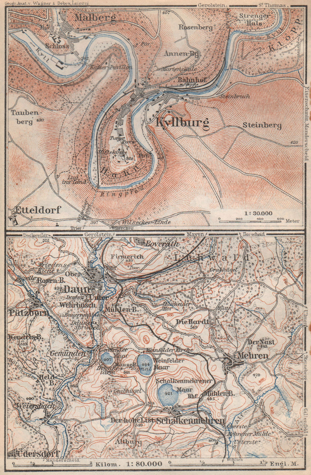 KYLLBURG & DAUNER MAARE. Malberg Schalkenmehren. Rhineland-Palatinate 1926 map