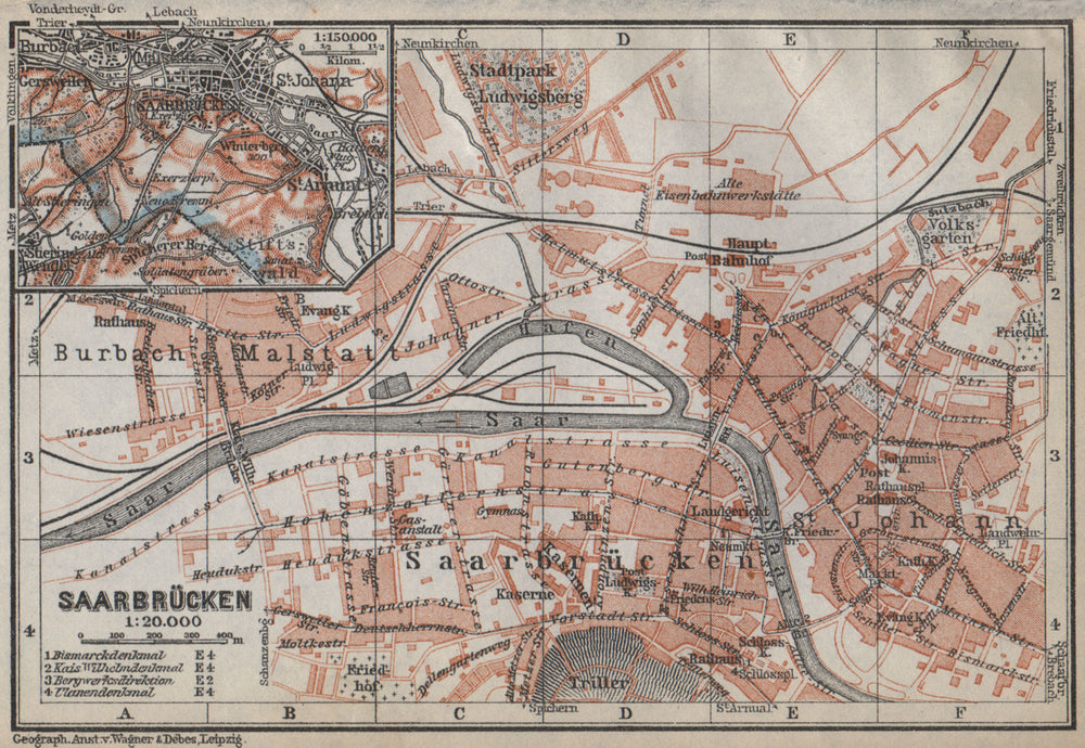 SAARBRÜCKEN town city stadtplan. Saarland. Saarbrucken Sarrebruck 1926 old map
