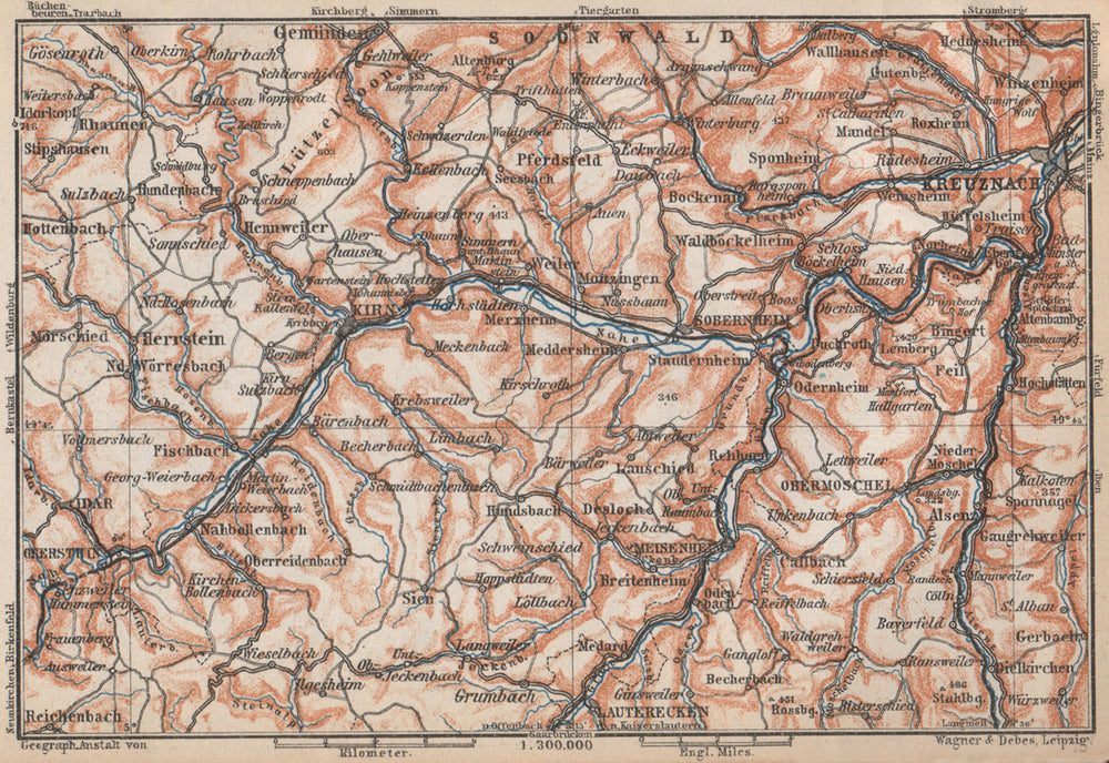 NAHETAL. Idar-Oberstein Kirn Monzingen Rüdesheim Kreuznach Sobernheim 1926 map