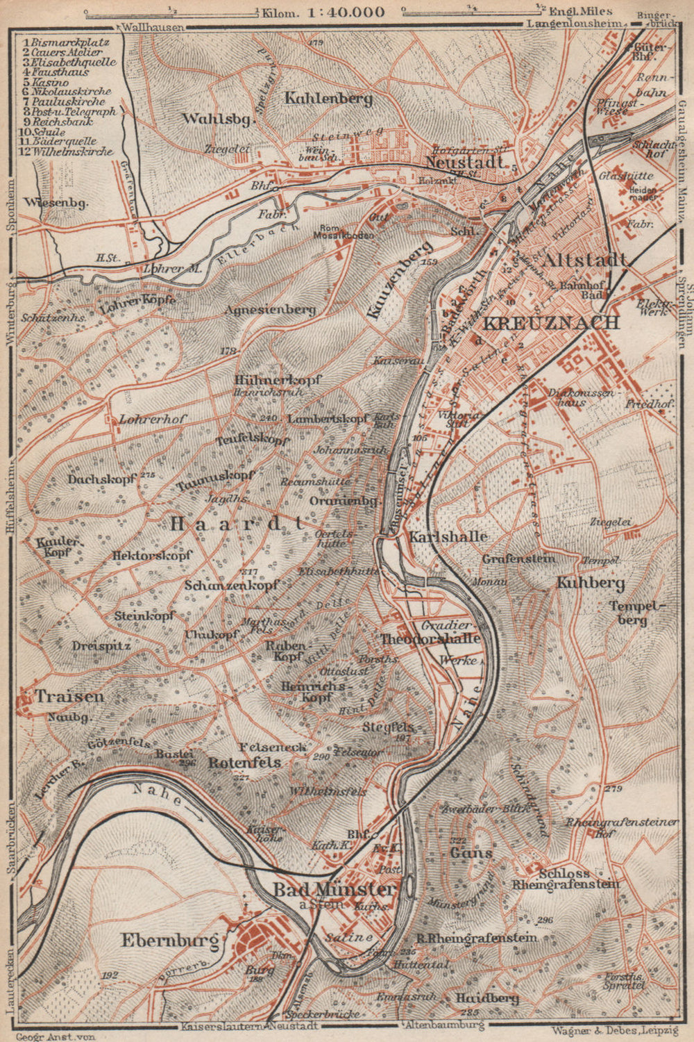 BAD KREUZNACH und umgebung/environs. Rhineland-Palatinate karte 1926 old map