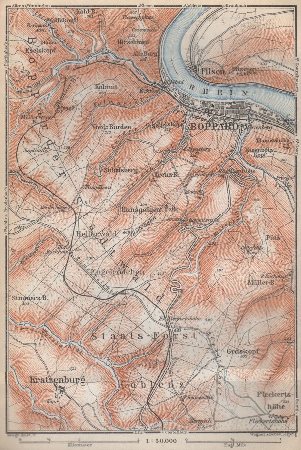 BOPPARDER STADTWALD environs. Oberes Mittelrheintal. Rhine Gorge karte 1926 map