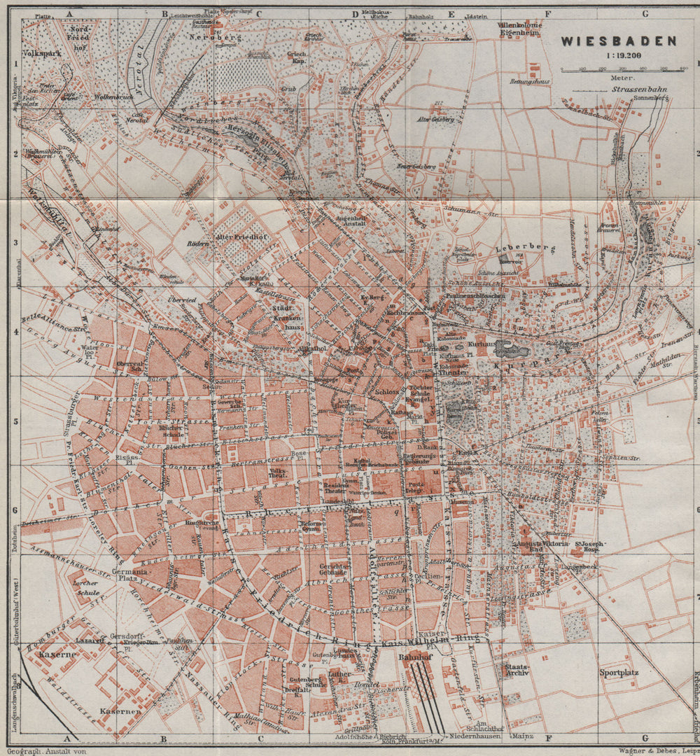 WIESBADEN vintage town city stadtplan. Hessen karte. BAEDEKER 1926 old map