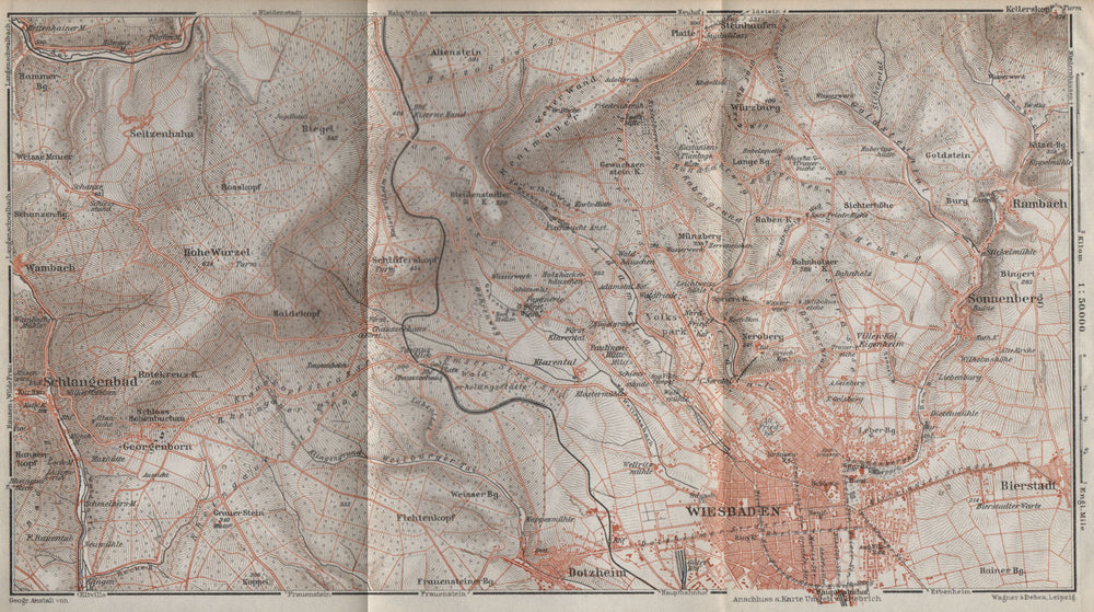 WIESBADEN umgebung environs. TAUNUS mountains. Hessen karte. BAEDEKER 1926 map
