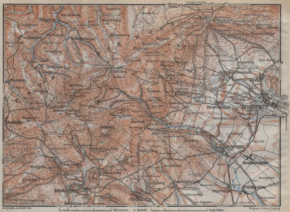 TAUNUS & BAD HOMBURG VOR DER HÖHE environs/umgebung. Hessen karte 1926 old map