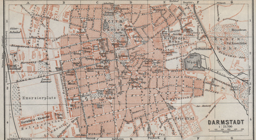 DARMSTADT vintage town city stadtplan. Hessen karte. BAEDEKER 1926 old map