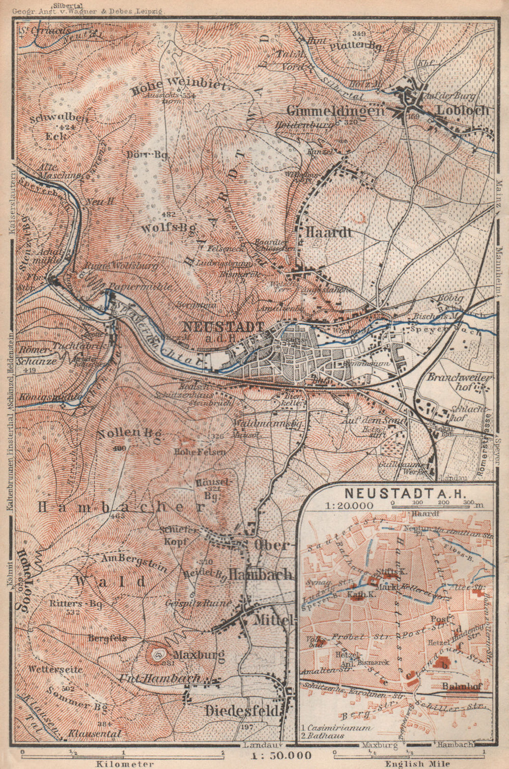 NEUSTADT AN DER WEINSTRAßE & WINZINGEN. Neustadt an der Haardt karte 1926 map