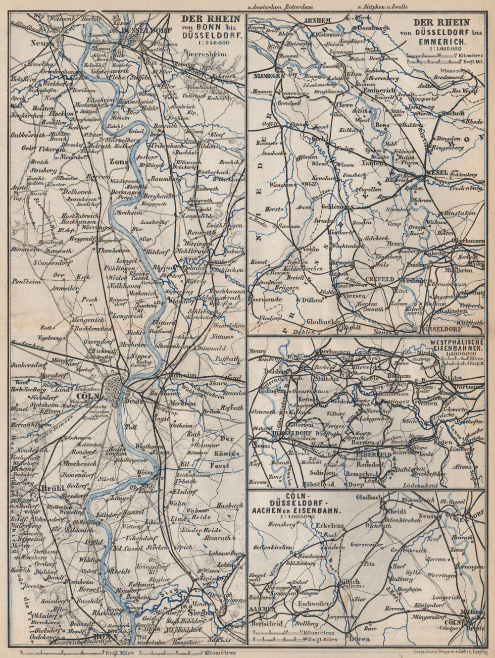 RHEIN/RHINE. Bonn-Köln-Dusseldorf-Emmerich. Westphälische Eisenbahnen 1889 map