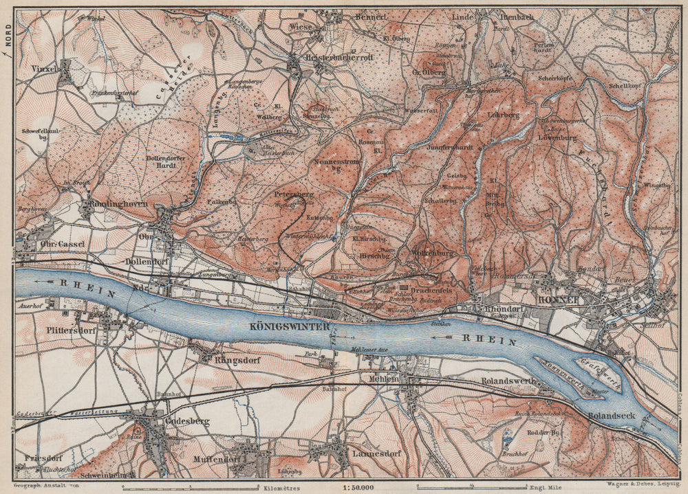 SIEBENGEBIRGE Seven Hills Königswinter Bad Honnef Northrhine-Westfalia 1889 map