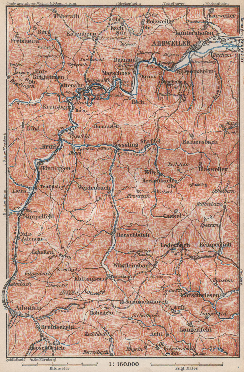 AHR & ADENAUER BACH VALLEYS. Ahrweiler Altenahr topo-map. Germany 1889 old
