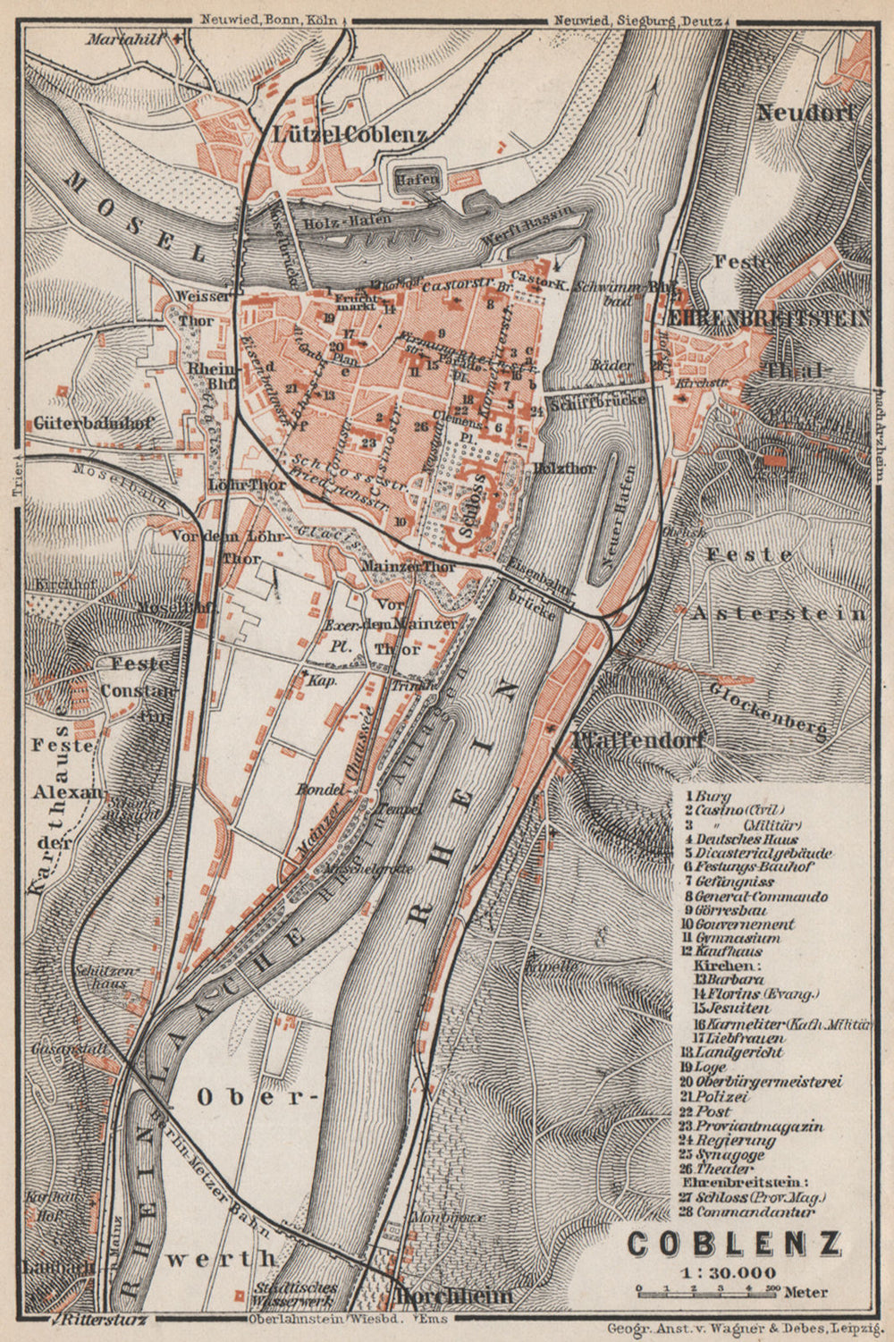 KOBLENZ city stadtplan. Rhineland-Palatinate. Coblenz Ehrenbreitstein 1889 map