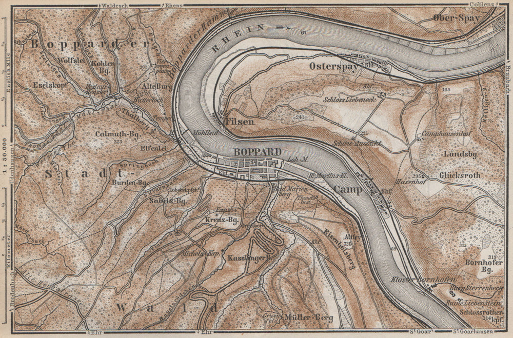 BOPPARD & OSTERSPAI. Filsen. Oberes Mittelrheintal. Rhine Gorge karte 1889 map