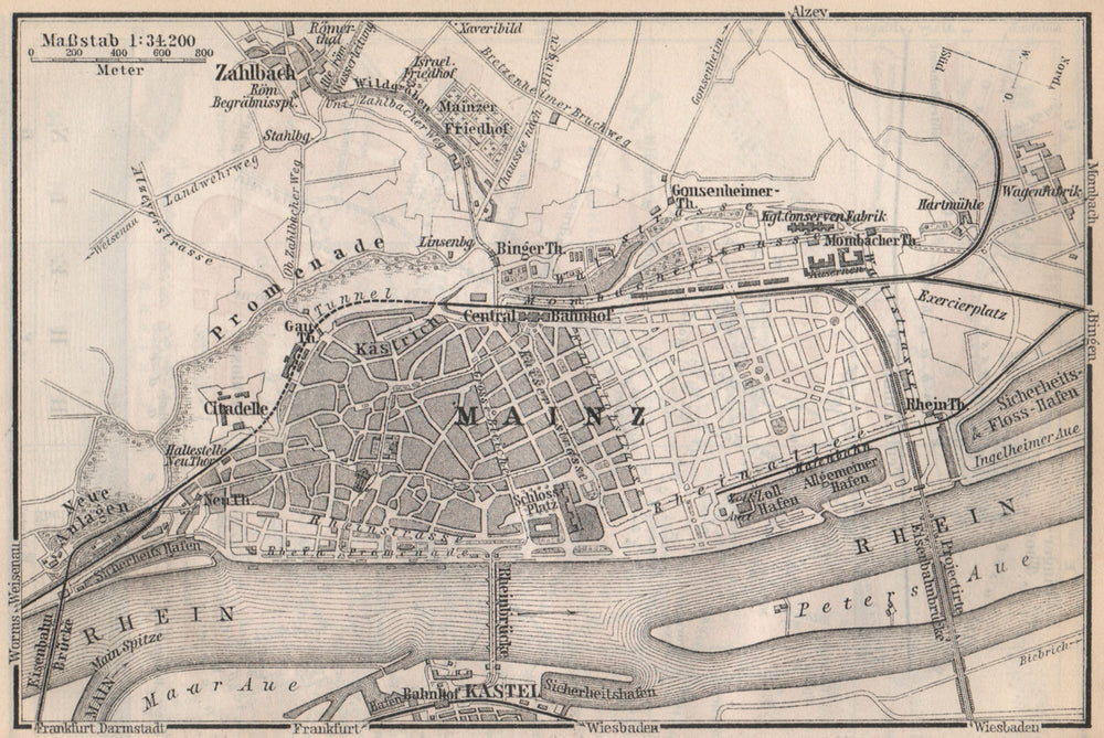 MAINZ environs umgebung. Mayence. Rhineland-Palatinate.Deutschland 1889 map