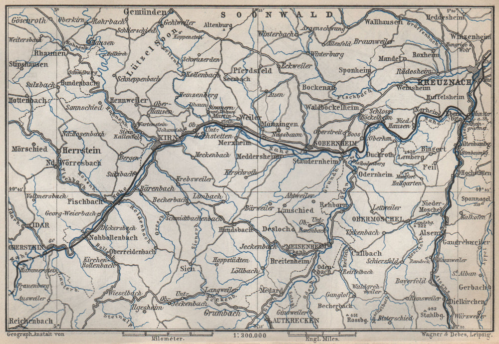 NAHETAL. Idar-Oberstein Kirn Monzingen Rüdesheim Kreuznach Sobernheim 1889 map