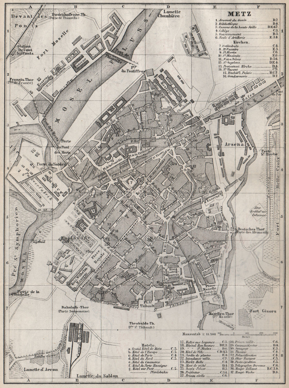 METZ antique town city stadtplan. Moselle carte. BAEDEKER 1889 old map