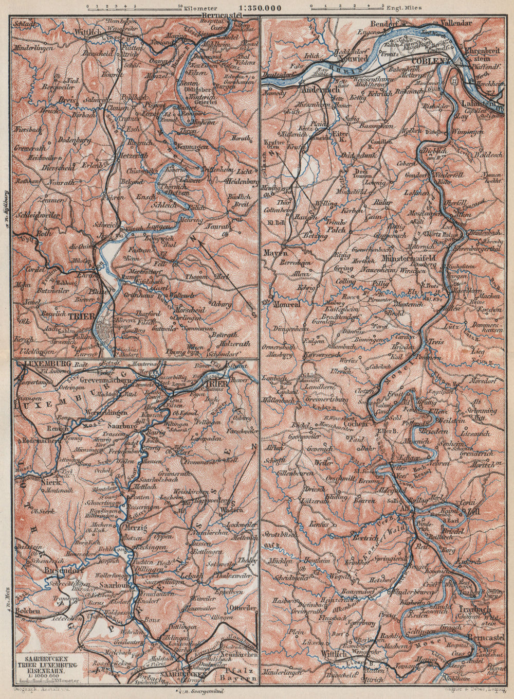 MOSEL EISENBAHN. Luxemburg/Saarbrucken-Trier-Koblenz karte. BAEDEKER 1889 map