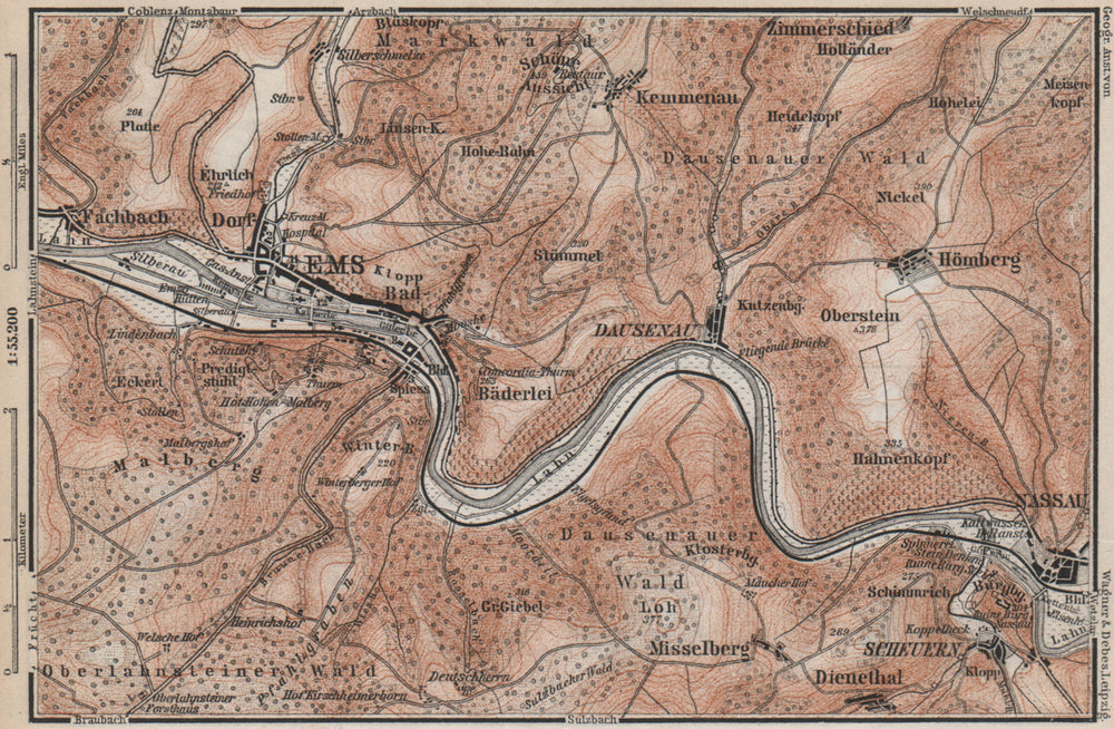 BAD EMS & NASSAU environs. Dausenau Lahn. Deutschland karte. BAEDEKER 1889 map