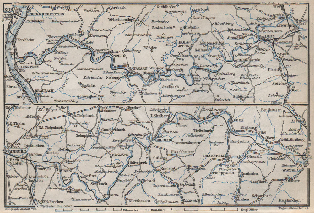 LAHNTAL VALLEY. Lahnstein Koblenz Wetzlar Limburg Weilburg Bad Ems 1889 map