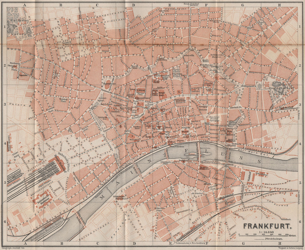 FRANKFURT AM MAIN antique town city stadtplan. Hessen karte. BAEDEKER 1889 map