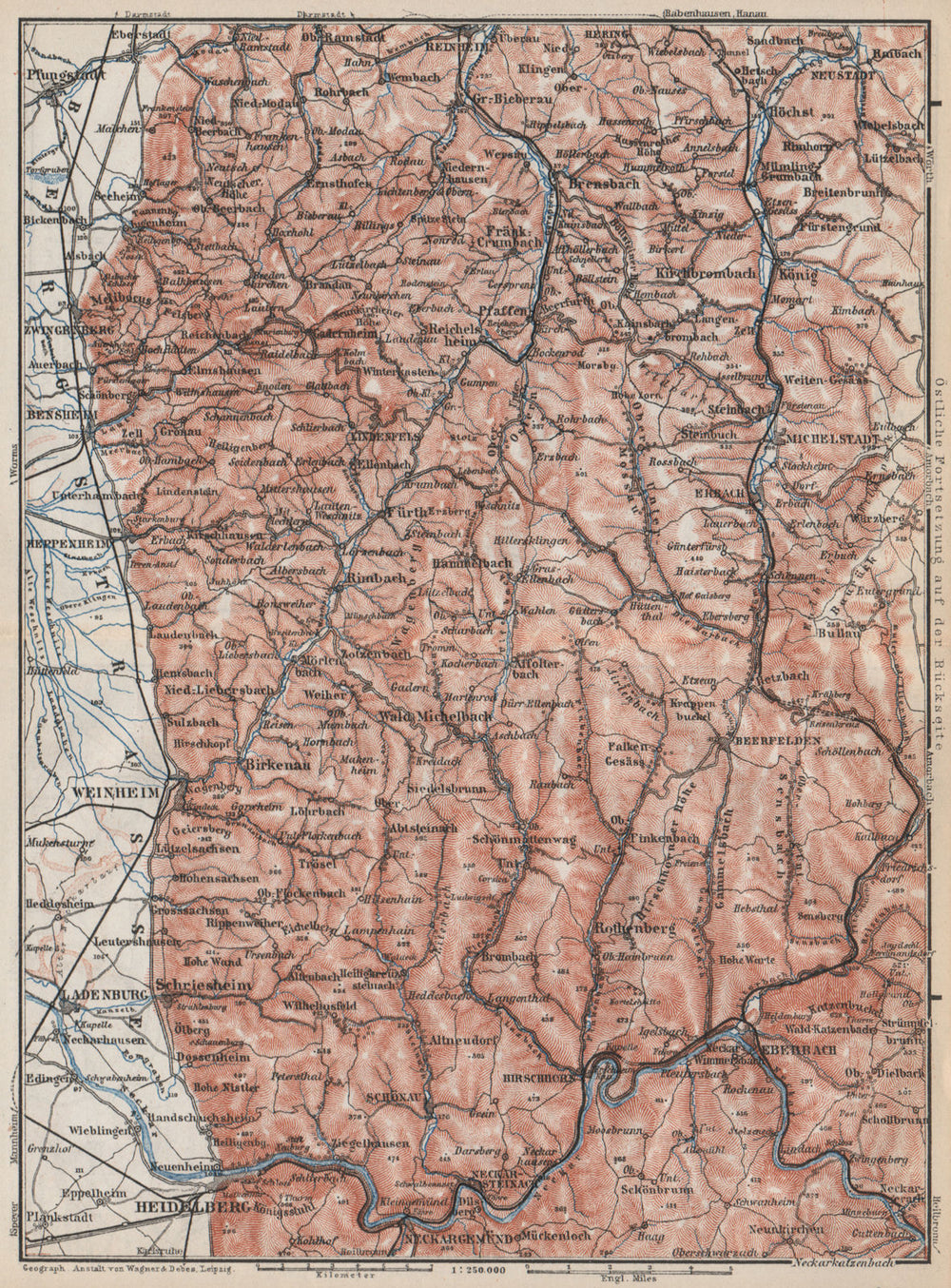 WEST ODENWALD topo-map. Heidelberg Weinheim Eberbach Zwingenberg karte 1889