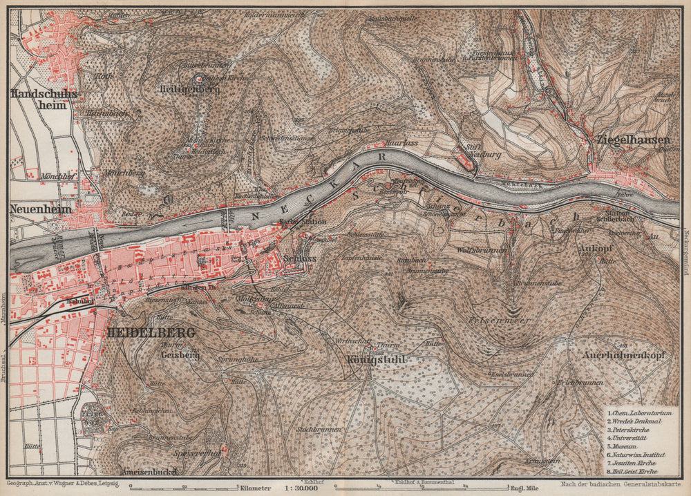 HEIDELBERG & environs ungebung. Ziegelhausen. Baden-Württemberg karte 1889 map