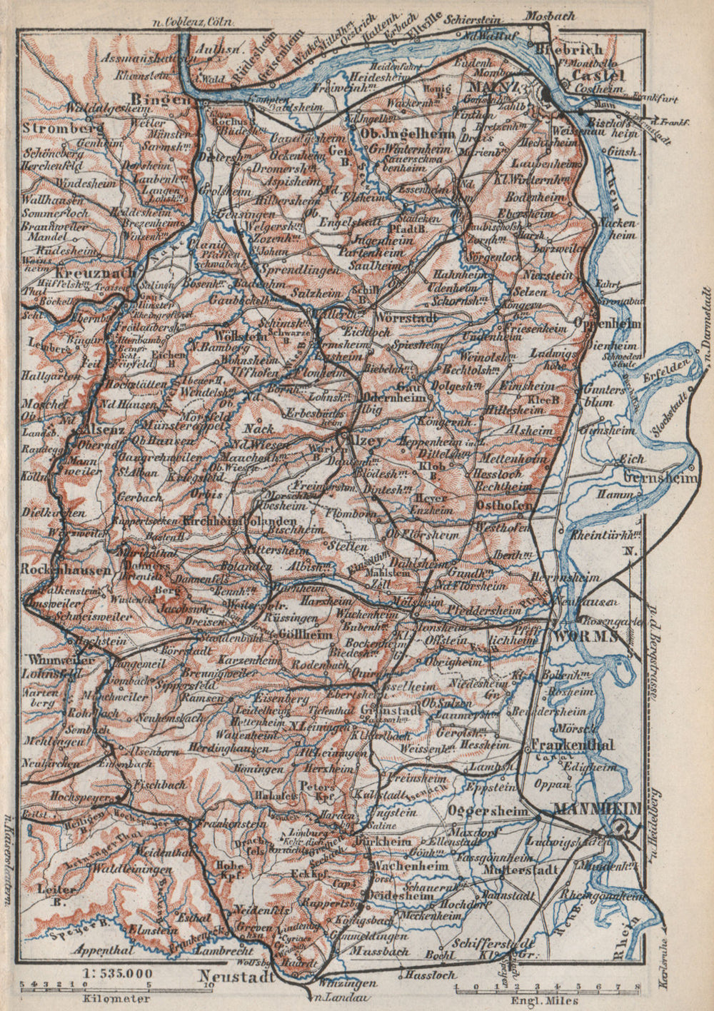 RHEINHESSEN. RHENISH HESSE. Mainz Mannheim Worms Kreuznach. Germany 1889 map