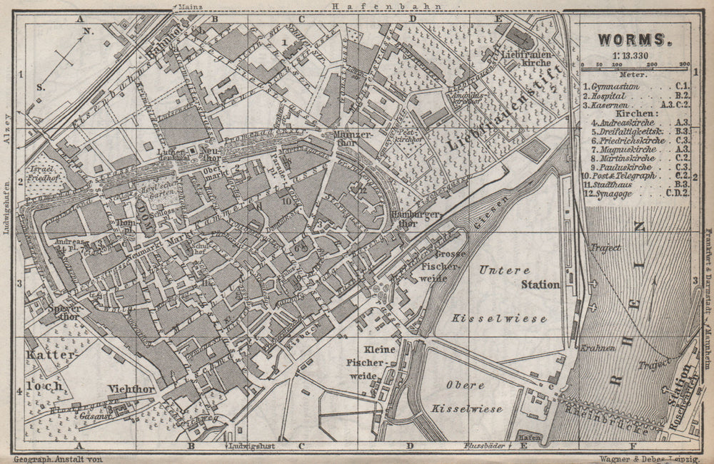 WORMS town city stadtplan. Rhineland-Palatinate, Deutschland karte 1889 map