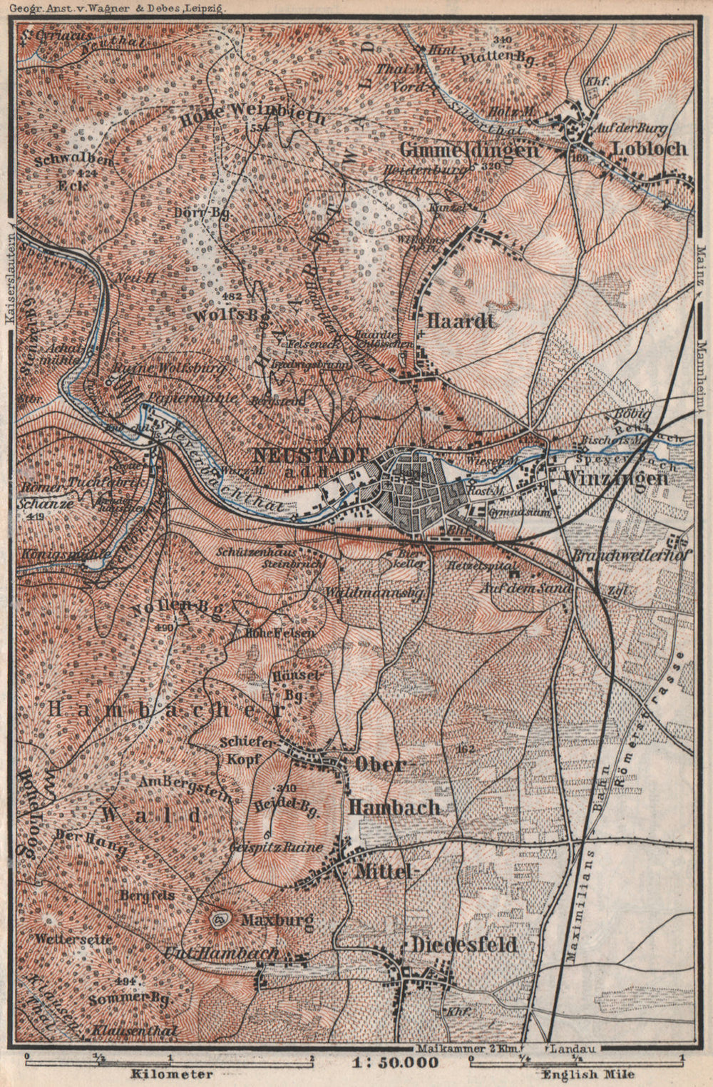 NEUSTADT AN DER WEINSTRAßE & WINZINGEN. Neustadt an der Haardt karte 1889 map