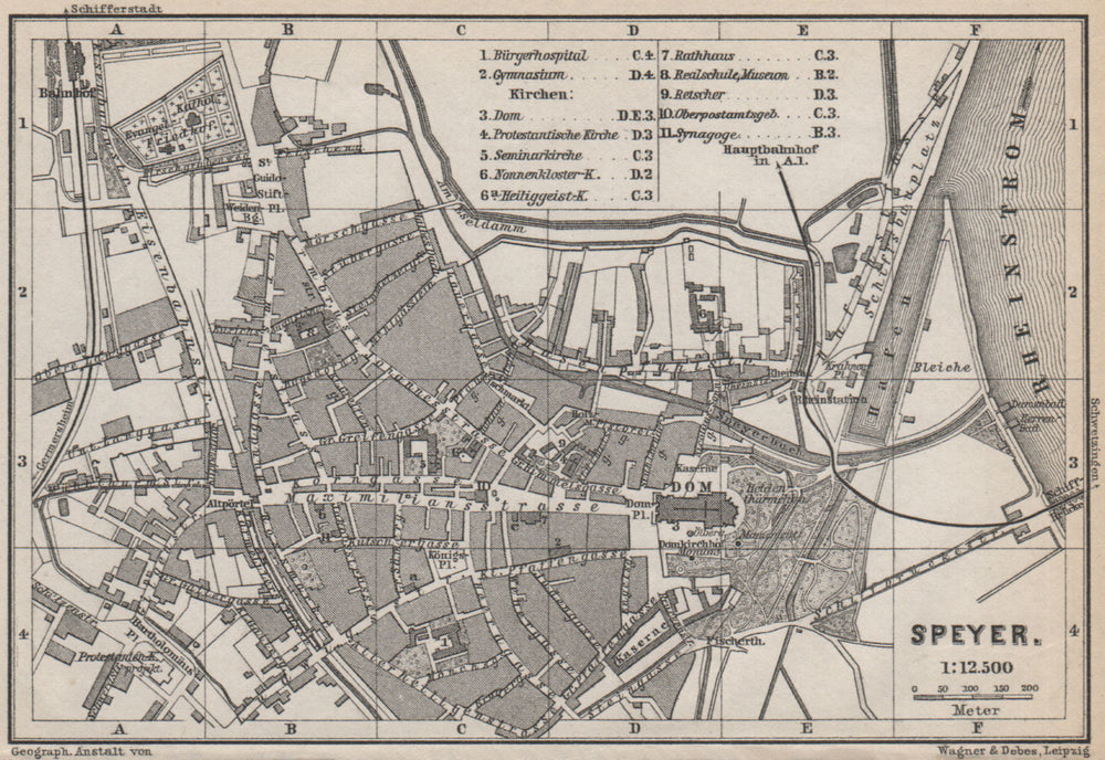 SPEYER town city stadtplan. Rhineland-Palatinate, Deutschland. Spires 1889 map