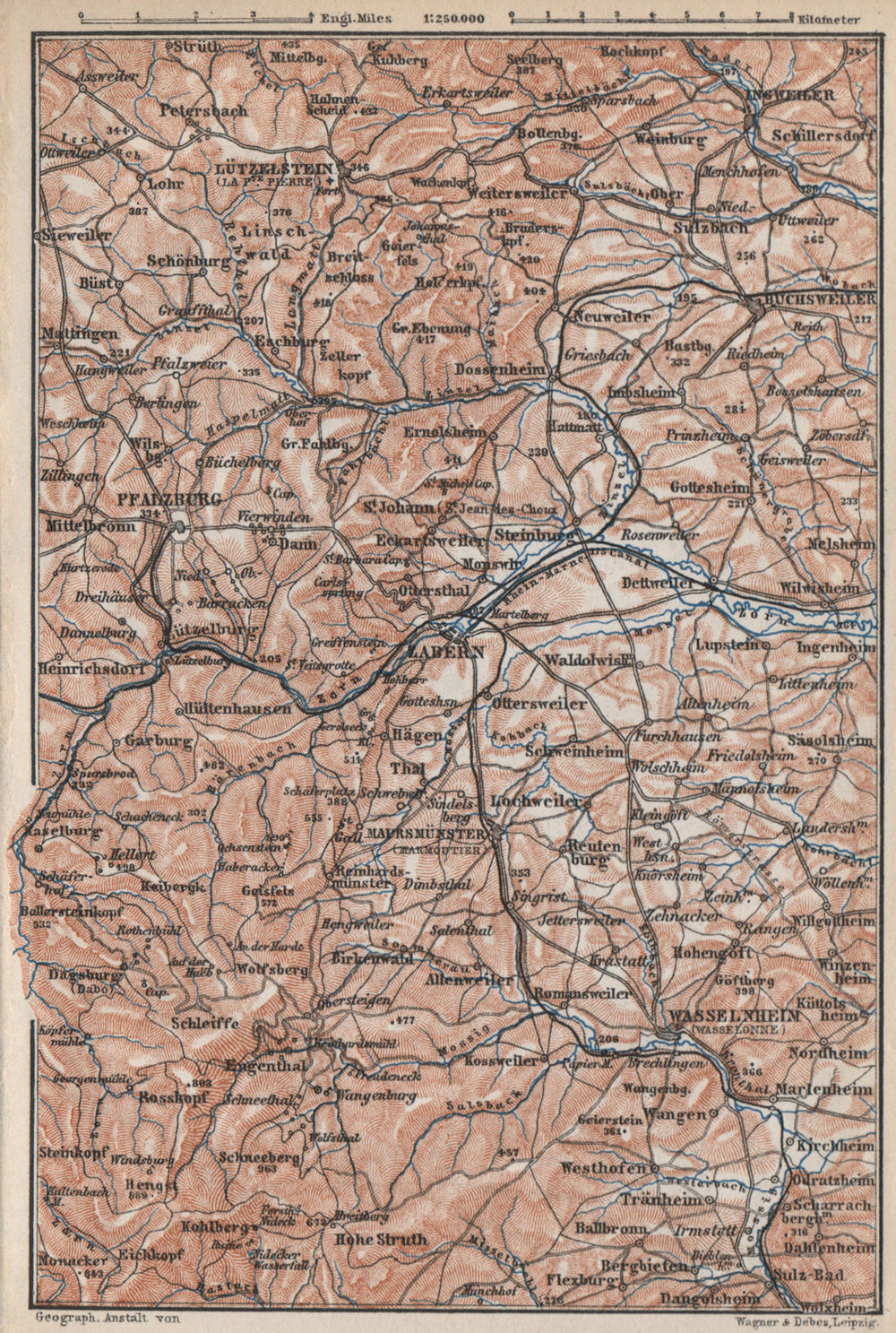 NORTHERN VOSGES MOUNTAINS. Wasselonne Saverne Phalsbourg. Bas-Rhin 1889 map