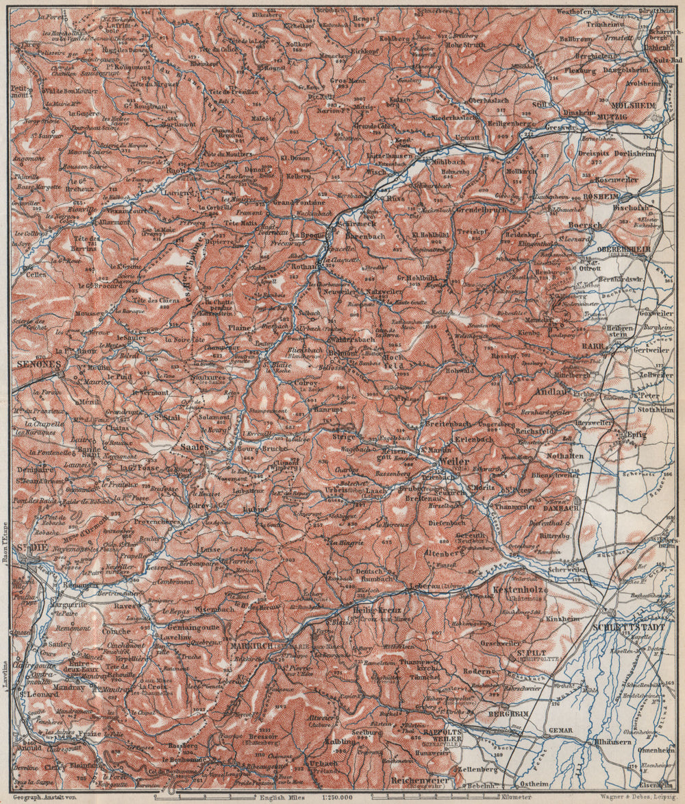 CENTRAL VOSGES MOUNTAINS. St Die Schlettstadt Molsheim carte. BAEDEKER 1889 map