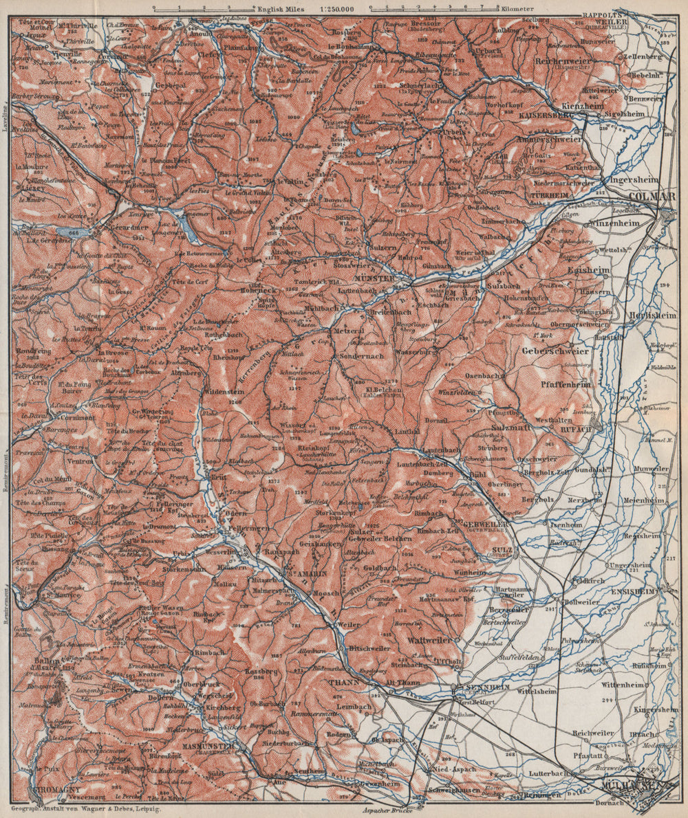 SOUTHERN VOSGES MOUNTAINS. Colmar Mulhouse. Haut-Rhin carte. BAEDEKER 1889 map